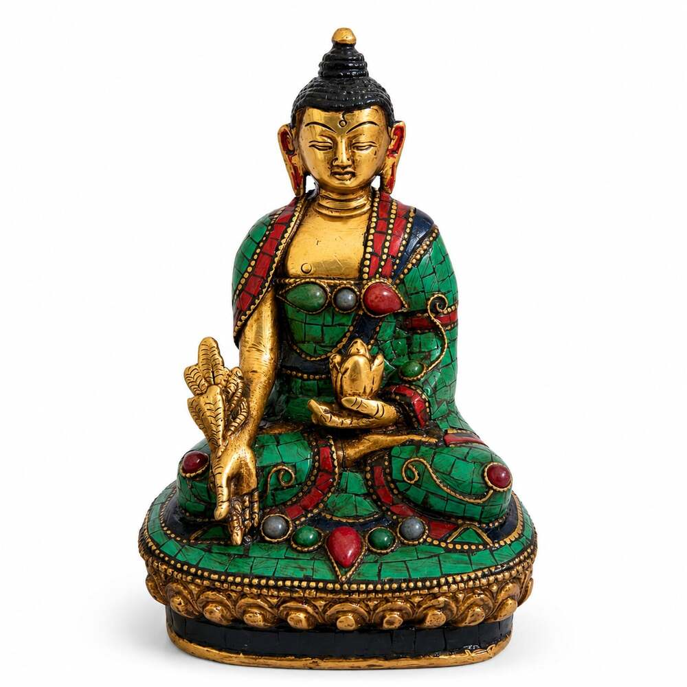 Handcrafted Brass and Inlaid Stone Medicine Buddha Statue